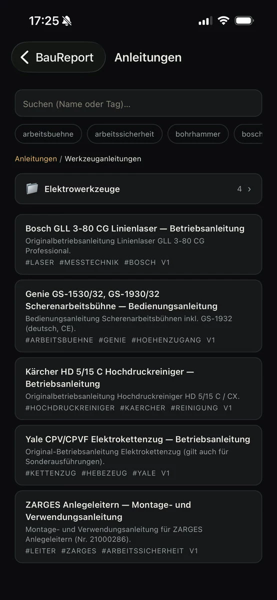 Übersicht der Arbeitsanweisungen in der BauReport App
