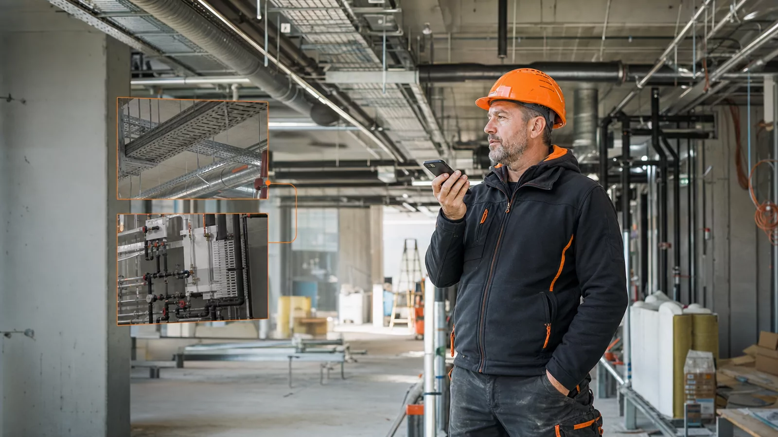 Bauleiter spricht auf einer TGA-Baustelle einen Bautagesbericht in BauReport ein