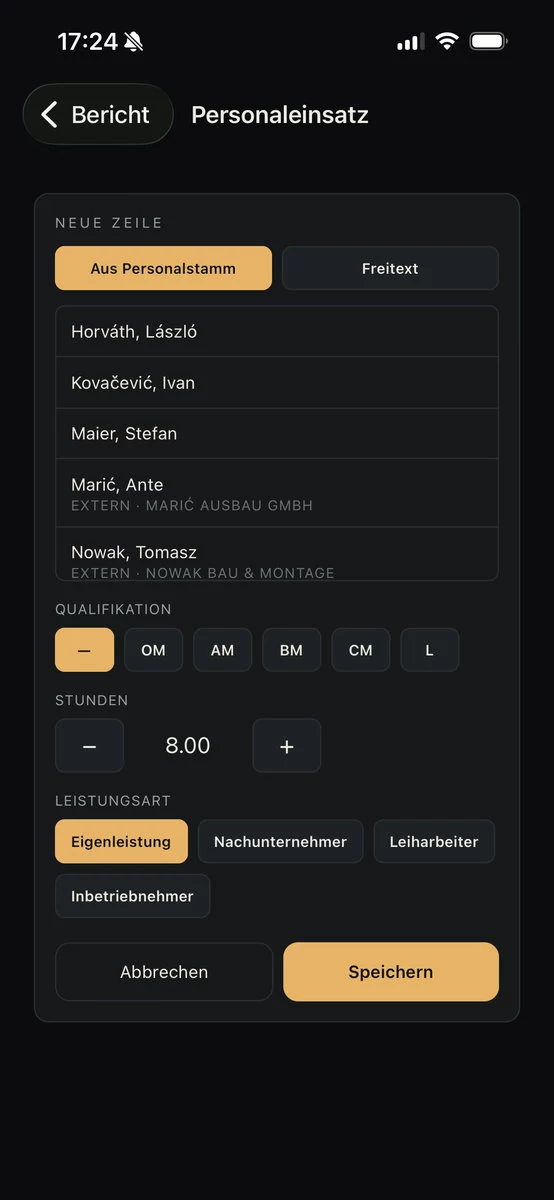 Erfassung von Personal, Arbeitsstunden und Leistungsart in der BauReport App