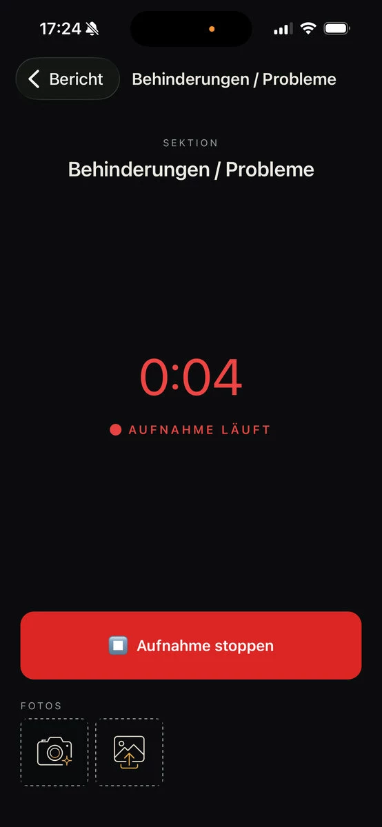 Laufende Sprachaufnahme für Behinderungen und Probleme in der BauReport App