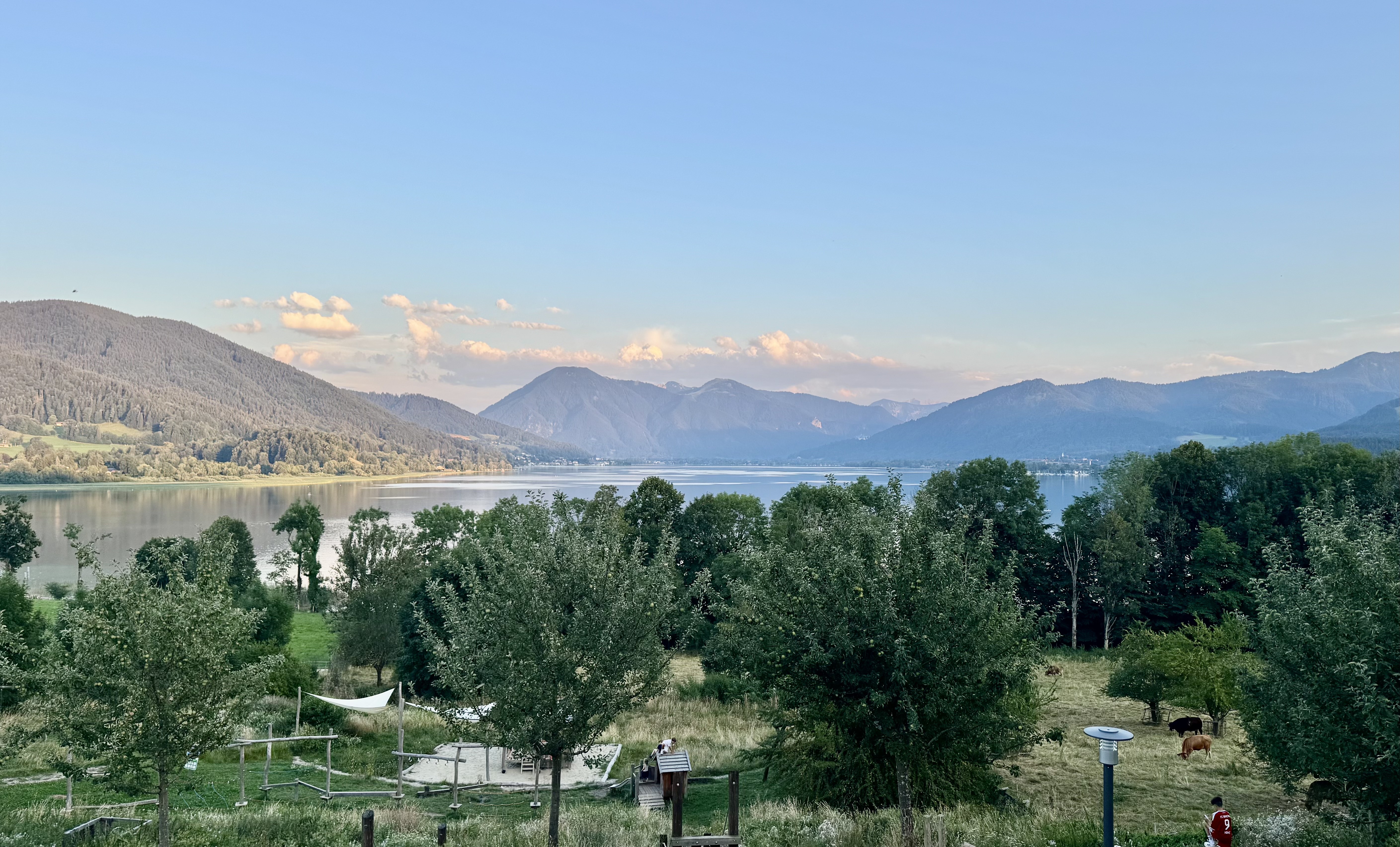 Abendlicher Blick über den Tegernsee auf die umliegenden Berge